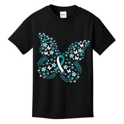 Flower Butterfly Cervical Cancer Awareness Ribbon Gifts Kids T-Shirt