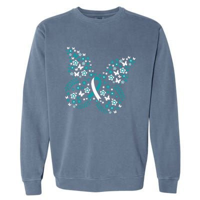 Flower Butterfly Cervical Cancer Awareness Ribbon Gifts Garment-Dyed Sweatshirt