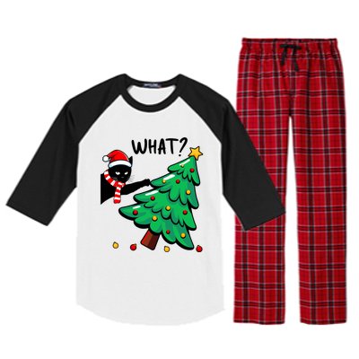 Funny Black Cat Pushing Christmas Tree Over Cat What Raglan Sleeve Pajama Set