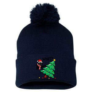 Funny Black Cat Pushing Christmas Tree Over Cat What Pom Pom 12in Knit Beanie