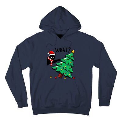 Funny Black Cat Pushing Christmas Tree Over Cat What Tall Hoodie