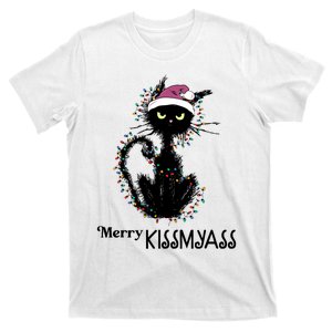 Funny Black Cat Merry Kissmyass Xmas Pajamas Chritsmas T-Shirt