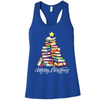 Funny Book Christmas Tree Teachers Bookworm Librarian Xmas Gift Women's Racerback Tank