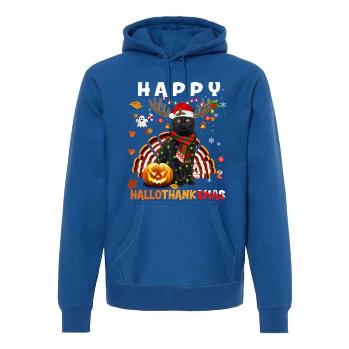 Funny Black Cat Halloween Christmas Cat Happy Hallothanksmas Gift Premium Hoodie