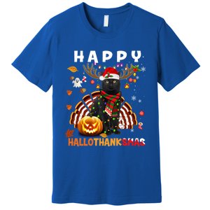 Funny Black Cat Halloween Christmas Cat Happy Hallothanksmas Gift Premium T-Shirt