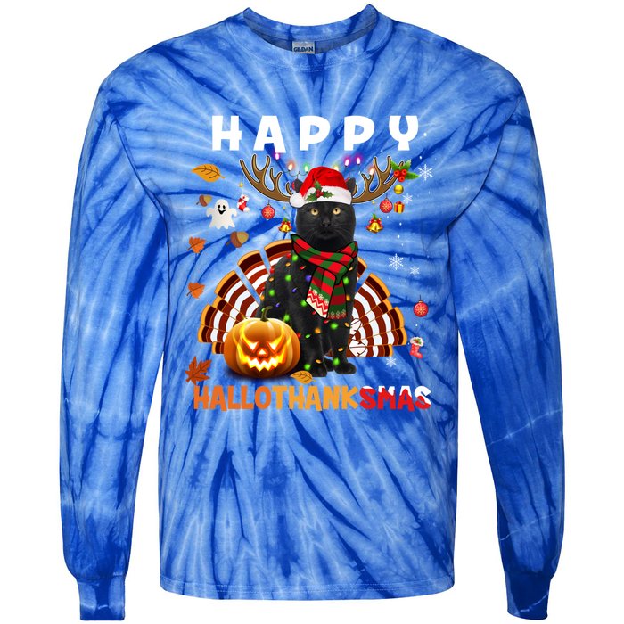 Funny Black Cat Halloween Christmas Cat Happy Hallothanksmas Gift Tie-Dye Long Sleeve Shirt