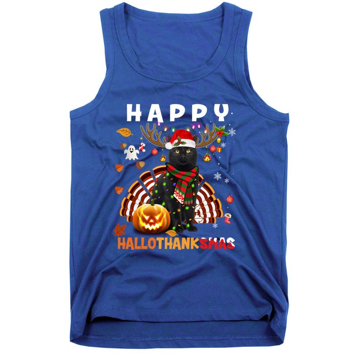 Funny Black Cat Halloween Christmas Cat Happy Hallothanksmas Gift Tank Top