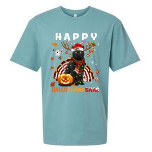 Funny Black Cat Halloween Christmas Cat Happy Hallothanksmas Gift Sueded Cloud Jersey T-Shirt