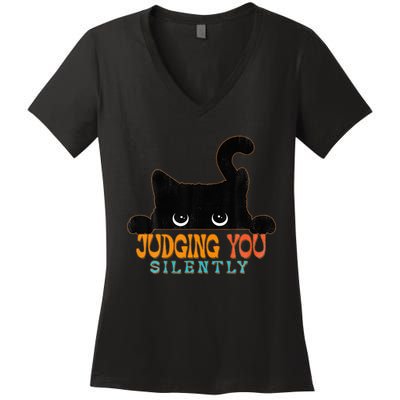 Funny Black Cat Judging You Silently Sarcastic Cat  Women's V-Neck T-Shirt