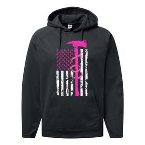 Firefighter Breast Cancer Awareness USA Flag Pink Ribbon Performance Fleece Hoodie