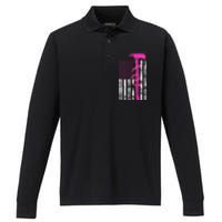 Firefighter Breast Cancer Awareness USA Flag Pink Ribbon Performance Long Sleeve Polo