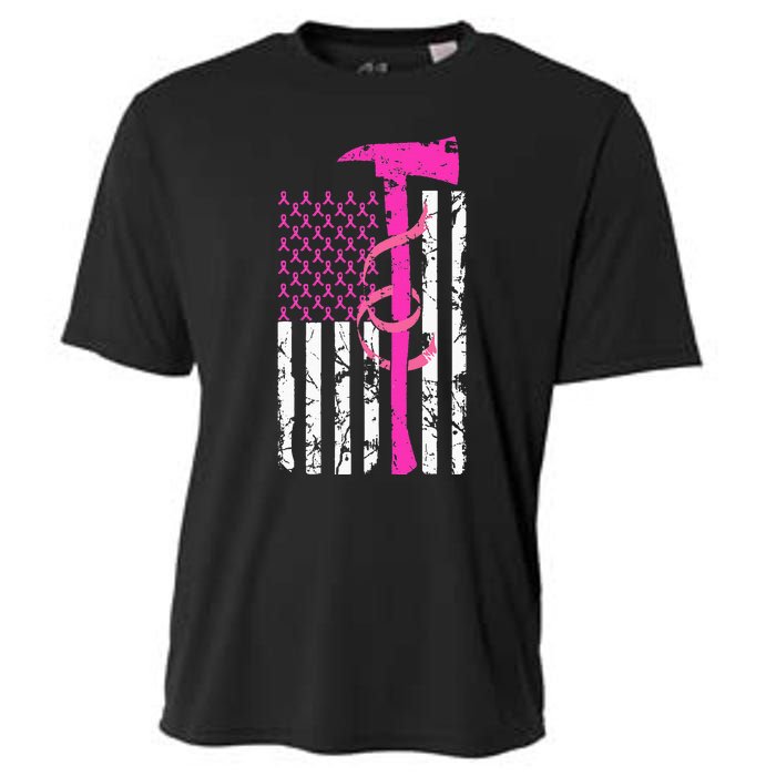 Firefighter Breast Cancer Awareness USA Flag Pink Ribbon Cooling Performance Crew T-Shirt