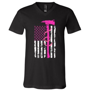 Firefighter Breast Cancer Awareness USA Flag Pink Ribbon V-Neck T-Shirt