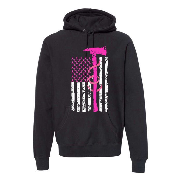 Firefighter Breast Cancer Awareness USA Flag Pink Ribbon Premium Hoodie