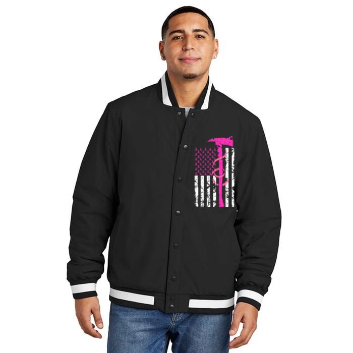 Firefighter Breast Cancer Awareness USA Flag Pink Ribbon Insulated Varsity Jacket