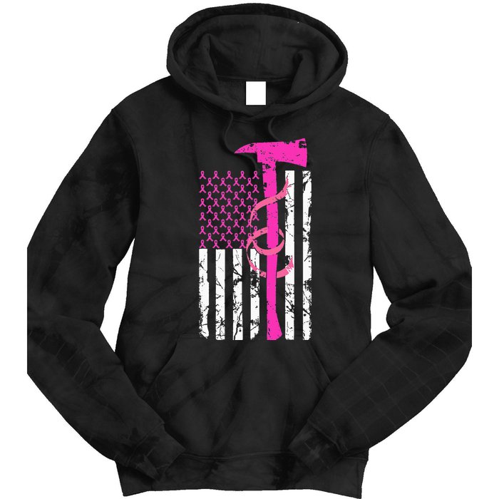 Firefighter Breast Cancer Awareness USA Flag Pink Ribbon Tie Dye Hoodie