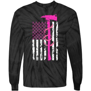 Firefighter Breast Cancer Awareness USA Flag Pink Ribbon Tie-Dye Long Sleeve Shirt