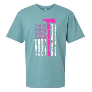 Firefighter Breast Cancer Awareness USA Flag Pink Ribbon Sueded Cloud Jersey T-Shirt