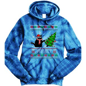 Funny Black Cat What? Pushing Christmas Tree Ugly Gift Tie Dye Hoodie