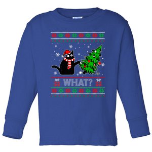 Funny Black Cat What? Pushing Christmas Tree Ugly Gift Toddler Long Sleeve Shirt