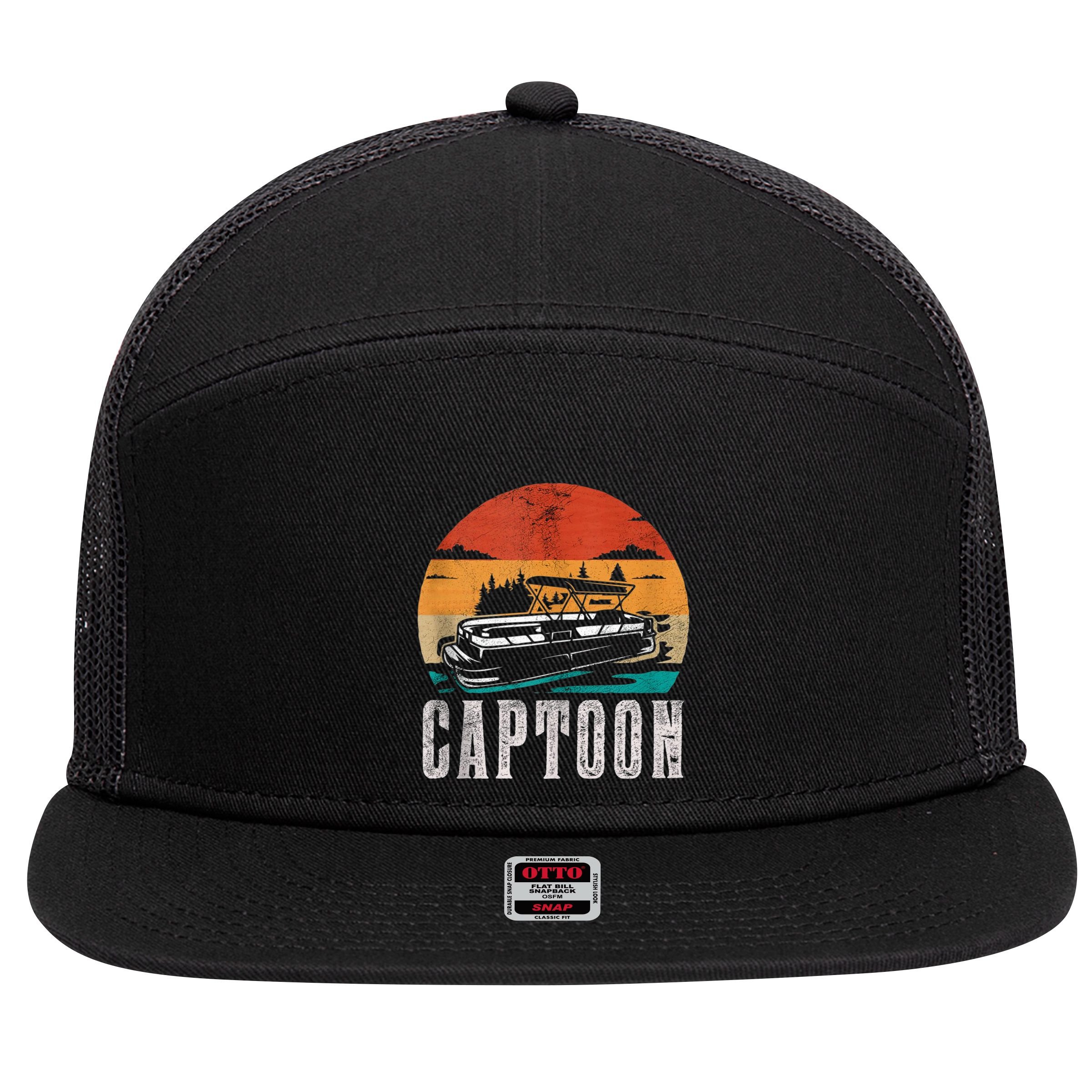 Funny Boating Captoon Pontoon Tritoon Captain Pontoon Boat 7 Panel Mesh Trucker Snapback Hat