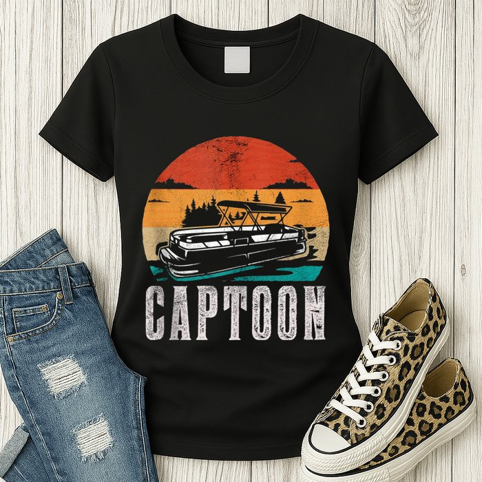 Funny Boating Captoon Pontoon Tritoon Captain Pontoon Boat Womens T-Shirt