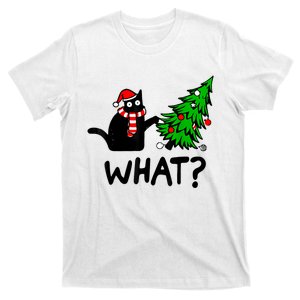 Funny Black Cat Gift Pushing Christmas Tree Over Cat What T-Shirt