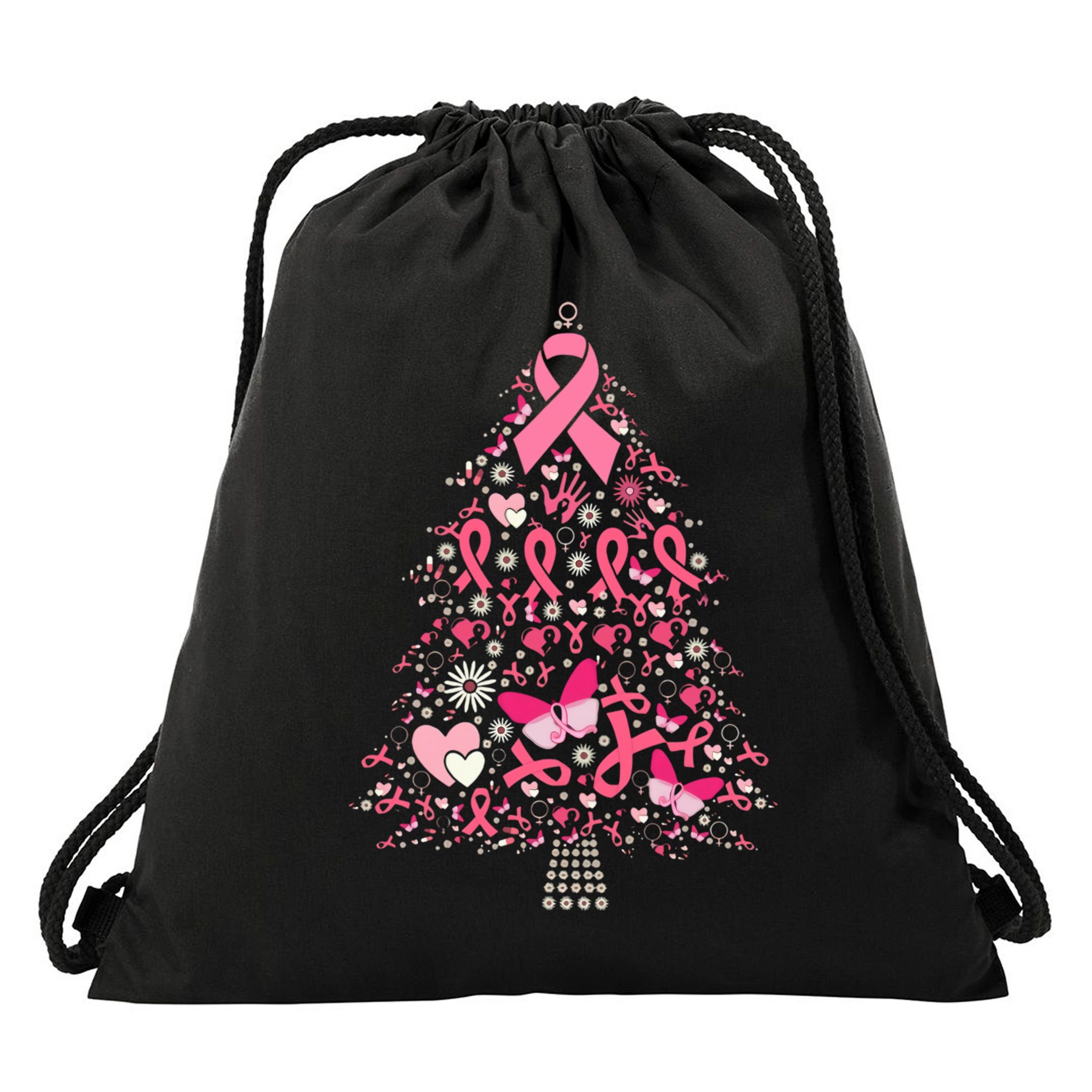 Funny Breast Cancer Awareness Christmas Tree Xmas Pink Drawstring Bag