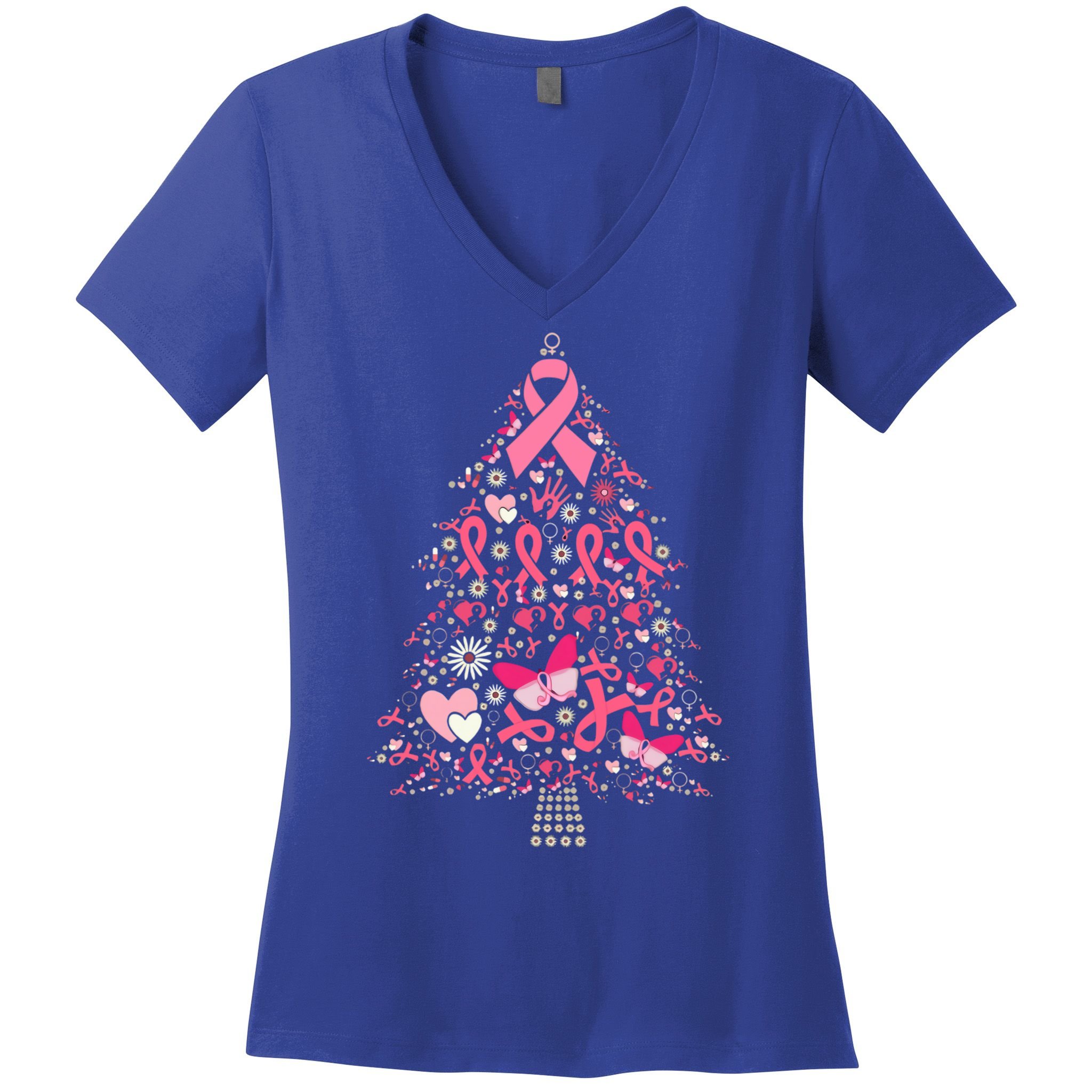 Funny Breast Cancer Awareness Christmas Tree Xmas Pink Women's V-Neck T-Shirt