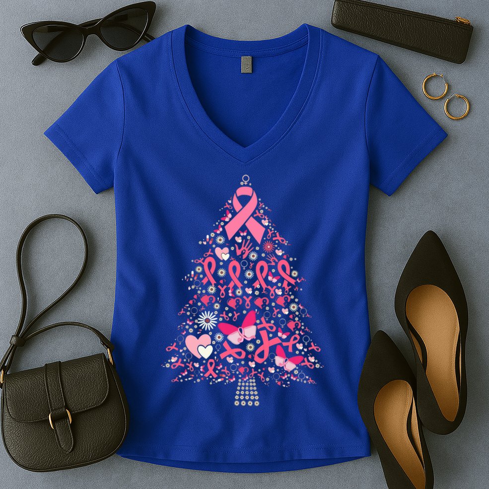Funny Breast Cancer Awareness Christmas Tree Xmas Pink Women's V-Neck T-Shirt