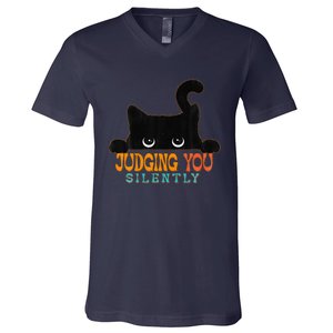 Funny Black Cat Judging You Silently Sarcastic Cat V-Neck T-Shirt