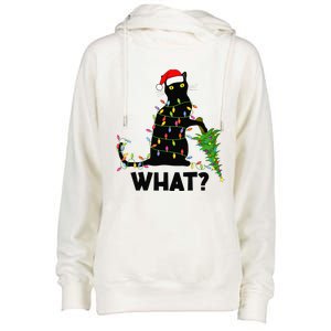 Funny Black Cat Pushing Christmas Tree Over Cat Christmas Womens Funnel Neck Pullover Hood