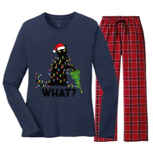 Funny Black Cat Pushing Christmas Tree Over Cat Christmas Women's Long Sleeve Flannel Pajama Set 