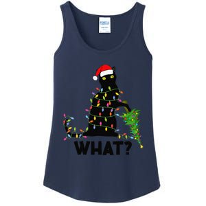 Funny Black Cat Pushing Christmas Tree Over Cat Christmas Ladies Essential Tank