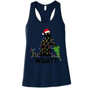 Funny Black Cat Pushing Christmas Tree Over Cat Christmas Women's Racerback Tank