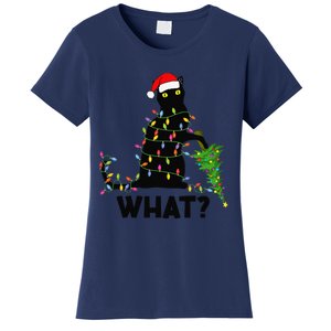 Funny Black Cat Pushing Christmas Tree Over Cat Christmas Women's T-Shirt