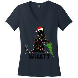 Funny Black Cat Pushing Christmas Tree Over Cat Christmas Women's V-Neck T-Shirt