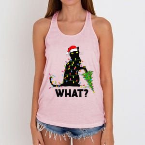 Funny Black Cat Pushing Christmas Tree Over Cat Christmas Women's Knotted Racerback Tank