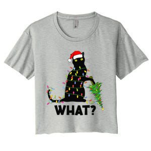 Funny Black Cat Pushing Christmas Tree Over Cat Christmas Women's Crop Top Tee