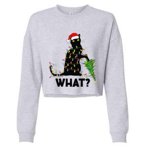 Funny Black Cat Pushing Christmas Tree Over Cat Christmas Cropped Pullover Crew