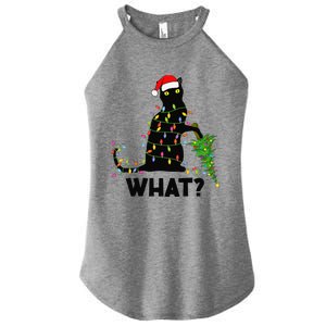 Funny Black Cat Pushing Christmas Tree Over Cat Christmas Women's Perfect Tri Rocker Tank