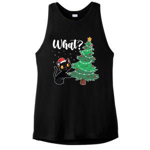 Funny Black Cat Gift Pushing Christmas Tree Over Cat What? Gift Ladies PosiCharge Tri-Blend Wicking Tank