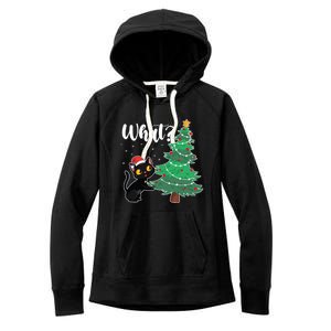 Funny Black Cat Gift Pushing Christmas Tree Over Cat What? Gift Women's Fleece Hoodie