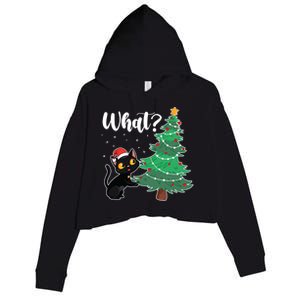 Funny Black Cat Gift Pushing Christmas Tree Over Cat What? Gift Crop Fleece Hoodie