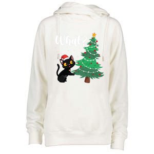 Funny Black Cat Gift Pushing Christmas Tree Over Cat What? Gift Womens Funnel Neck Pullover Hood