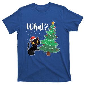 Funny Black Cat Gift Pushing Christmas Tree Over Cat What? Gift T-Shirt