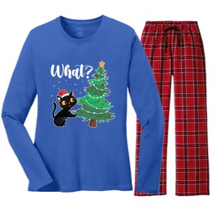 Funny Black Cat Gift Pushing Christmas Tree Over Cat What? Gift Women's Long Sleeve Flannel Pajama Set 