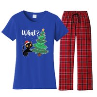 Funny Black Cat Gift Pushing Christmas Tree Over Cat What? Gift Women's Flannel Pajama Set