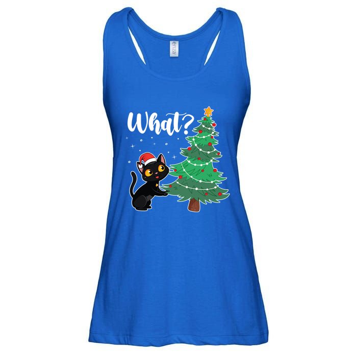 Funny Black Cat Gift Pushing Christmas Tree Over Cat What? Gift Ladies Essential Flowy Tank