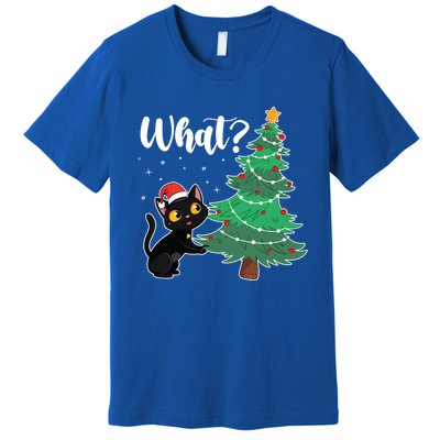 Funny Black Cat Gift Pushing Christmas Tree Over Cat What? Gift Premium T-Shirt